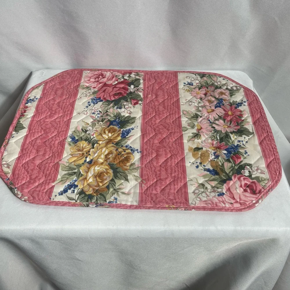 Set of 10 Quilted Floral Placemats Pink Rose Stripe Reversible Cottagecore